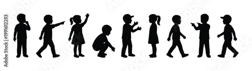Fotografia Black silhouettes of children playing and standing, set of 9 kids vector icons,