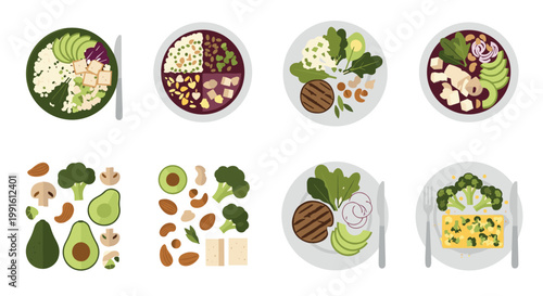 Healthy meal plates and ingredients set with vegetables grains protein and balanced diet nutrition flat vector illustration collection