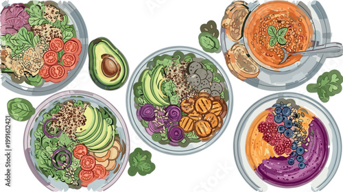 Healthy meal bowls with vegetables grains avocado and berries clean eating nutrition flat vector illustration collection