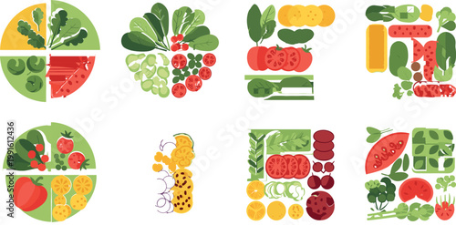 Healthy meal prep and balanced diet plates with vegetables fruits and portioned nutrition flat vector illustration set