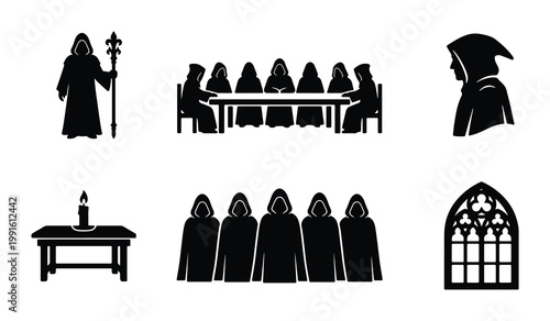 Foto Mysterious secret society silhouette icons, hooded cult members in robes, mediev