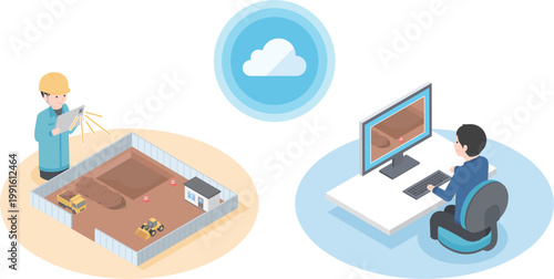 スマートフォンやタブレットを用いて建設現場を遠隔で確認するシステムを表現したイラスト