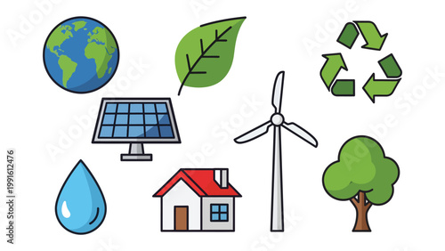 Sustainable Future Icons: A vibrant collection of eco-friendly icons representing sustainability, renewable energy, and environmental responsibility. A visually appealing representation of nature.
