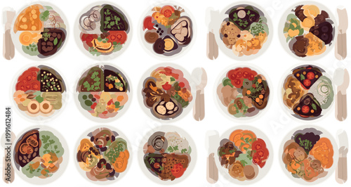 Healthy meal plates collection with diverse foods vegetables protein grains and balanced diet nutrition flat vector illustration set