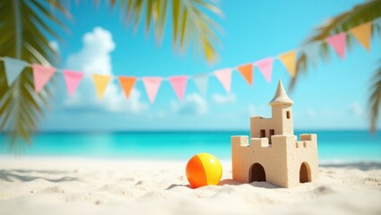 Tropical beach sandcastle with bunting flags and seashell at sunrise, summer vacation concept