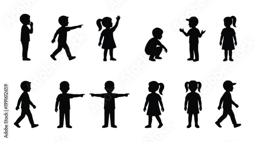 Children silhouettes collection with 12 vector icons, diverse kids standing and walking figures, black toddler and school child profile shapes