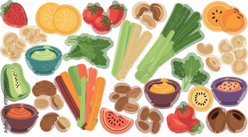 Healthy snack ingredients set with fruits vegetables nuts dips and organic food elements colorful flat vector illustration