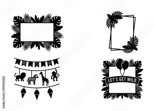 Photography Safari jungle animal silhouettes and tropical leaf frames, black wild one birthd
