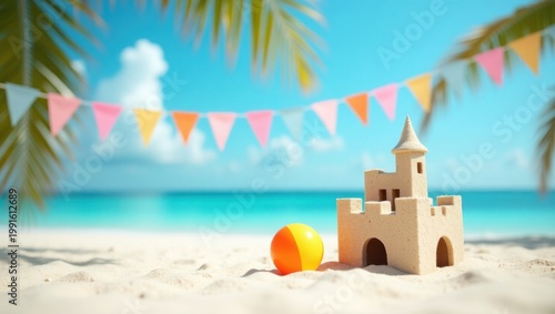 Tropical beach sandcastle with bunting flags and seashell at sunrise, summer vacation concept