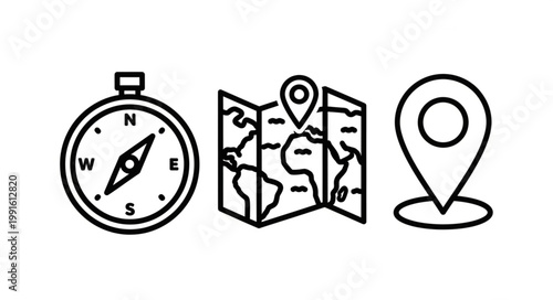 Compass Map and Location Pin Icons for Navigation and Travel.