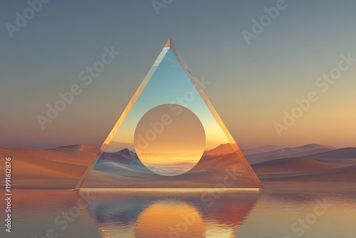 Abstract Geometric Pyramid Reflecting Serene Sunset Landscape.