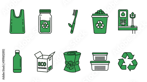 Sustainable living elements in the eco-friendly style: a collection of items dedicated to waste reduction and environmental responsibility, reflecting a commitment to recycling, reusable products.