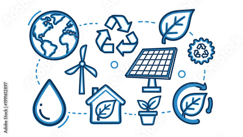 Eco-Friendly Elements in Harmony: An array of interconnected illustrations representing key elements of environmental conservation and sustainable living, including the planet, recycling symbols.