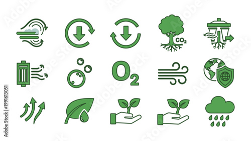 Eco Icons of Sustainability: A curated collection of green icons represents crucial environmental concepts, symbolizing the importance of preserving the planet