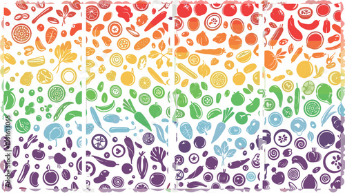 Seamless rainbow vegetable pattern set with fruits and organic food silhouettes colorful background flat vector illustration collection