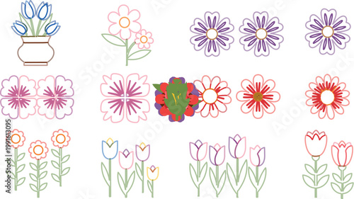 Floral line icons set with flowers tulips daisies and decorative plants minimal outline flat vector illustration collection