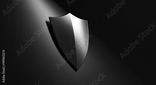 A sleek, silver shield emblem is dramatically illuminated against a stark black background, conveying a sense of protection and strength.
