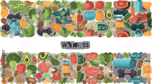 Wellness lifestyle collage with healthy food fitness equipment keto diet and nutrition elements colorful flat vector illustration