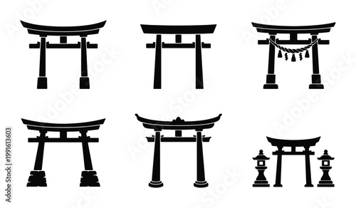 Cuadro en lienzo Japanese Torii Gate Silhouette Icons, Traditional Shinto Shrine Entrance Set of