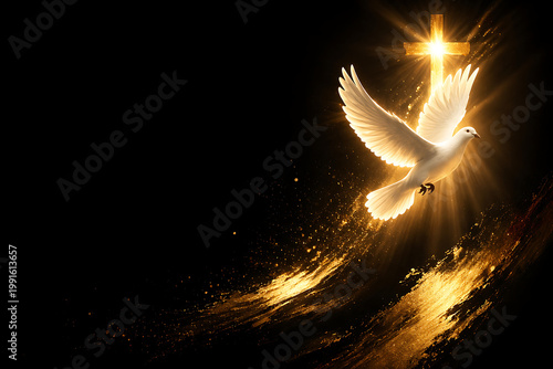Radiant White Dove Soars Towards a Shimmering Cross Amidst Golden Light, Symbolizing Spiritual Peace and Divine Hope on a Dark Background