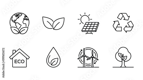 Eco-friendly Icons: Collection of simple, line-drawn icons representing the environment, sustainability, and renewable energy, illustrating concepts such as eco-friendliness, and conservation.