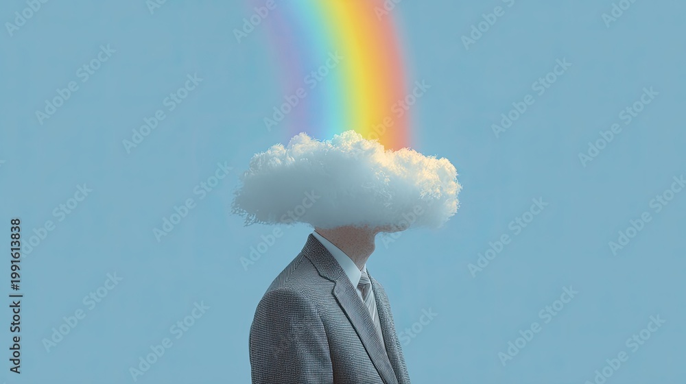 Naklejka premium Surreal Businessman with Rainbow Cloud Over Head.