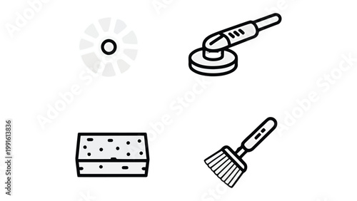 Detailing Tools: Collection of essential detailing tools, artfully rendered in black and white. Featuring a rotary buffer, scrubbing brush, sponge, and a grinding disc. 