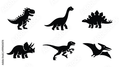 Dinosaur silhouette vector icons set, prehistoric animal collection with 6 elements, black t-rex and triceratops graphics for educational design