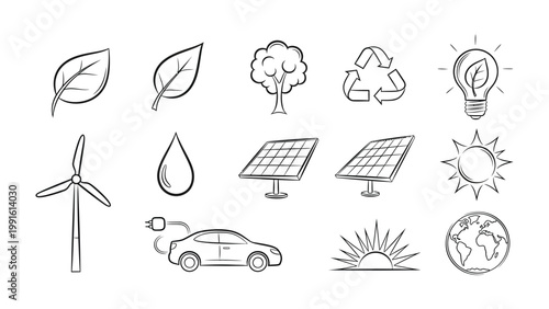 Sustainable World Elements: Hand-drawn icons of crucial elements representing sustainable living and eco-friendly practices, including leaves, trees, recycling symbol, light bulb, wind turbine.