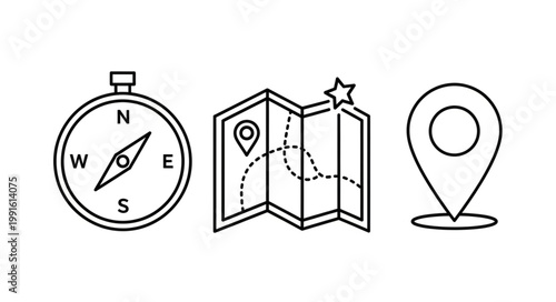 Compass Map and Location Pin Icons for Navigation and Travel.