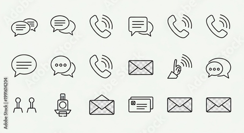 Collection of communication icons including speech bubbles phone calls and envelopes.