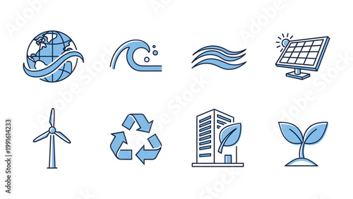 Eco-Friendly Icon Array: A collection of meticulously designed icons representing sustainable practices, renewable energy sources, and environmental consciousness.