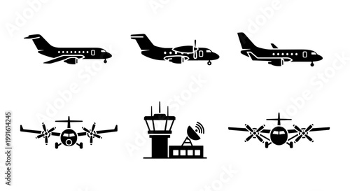 Aviation icons set with private jet and turboprop aircraft, airport control tower with radar, black silhouette airplane vector collection for travel