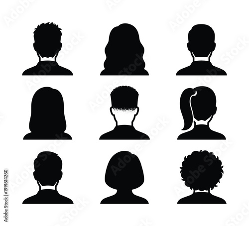 Minimalist people avatar silhouettes from back view, set of 9 male and female user profile icons, black head and shoulder vector symbols