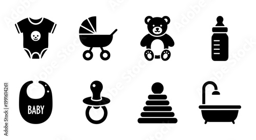 Baby care icon set with 8 black silhouettes, newborn nursery equipment icons, infant toys and clothing vector elements for parenting apps