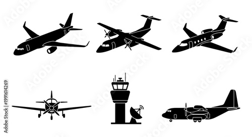 Aviation silhouette vector set, commercial airplane and private jet icons, airport control tower with radar, 6 black aircraft elements for flight logistics