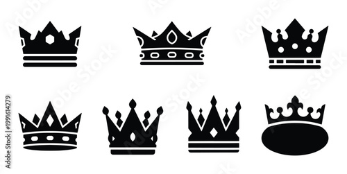 Photography Royal crown silhouette collection, set of 7 black heraldic icons, king and queen
