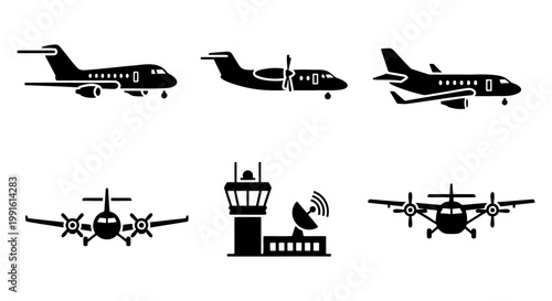 Aviation and airport icon set, black silhouette airplane and control tower vector elements, commercial jet and propeller aircraft collection
