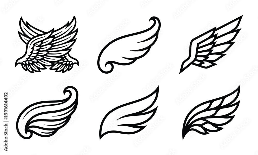 Fototapeta premium Vintage wing vector set, black and white heraldic bird wings, 6 hand drawn feather wing icons, retro tattoo and logo design elements