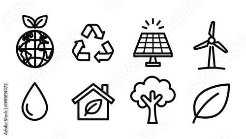 Eco-Friendly Icons: A collection of simple, yet impactful icons, representing elements vital for a sustainable future.