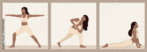 Woman practicing yoga poses and full body stretching workout, fitness training routine, healthy lifestyle, flexibility, harmony, inner balance and wellness concept, sport poster design