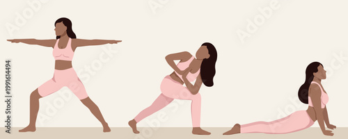 Fitness girl doing yoga and stretching exercises on a mat, healthy lifestyle and wellness concept, flexibility training, balance, strength and body control, sport workout poster vector illustration