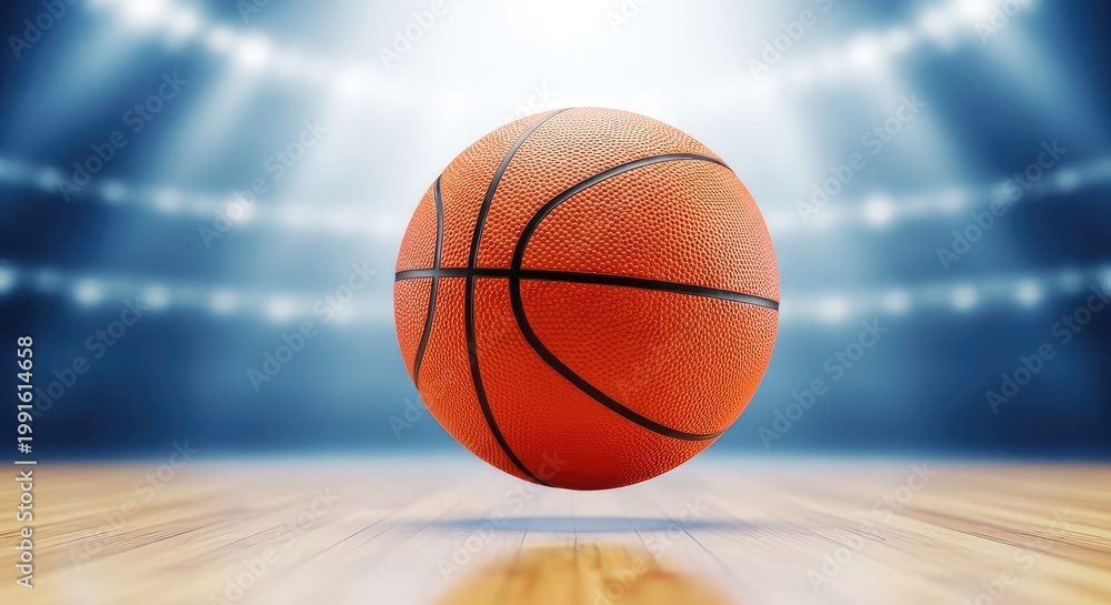 Obraz premium Textured orange basketball controlled during a competitive game on a polished hardwood court inside a bright professional indoor arena, fitness, reflection, gym