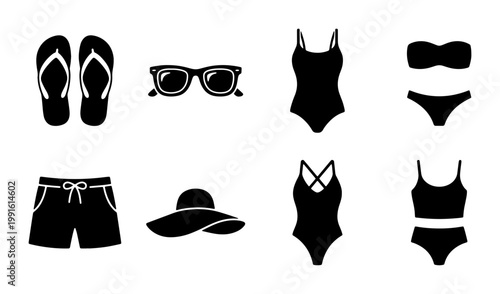Summer beachwear icon set, black silhouette swimwear and vacation accessories, 8 vector elements including bikini, swimsuit, sunglasses and flip flops