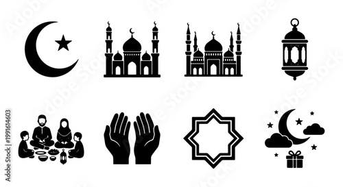 Islamic Ramadan icon set, 8 black solid vector silhouettes of mosque, crescent moon and lantern, Muslim family eating and praying hands