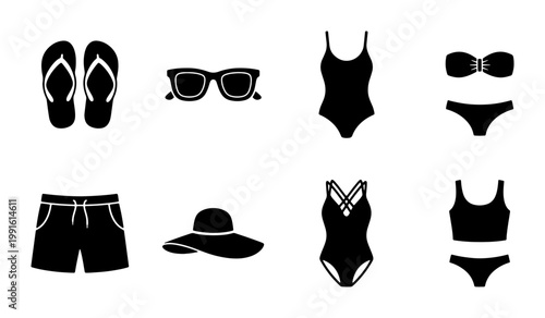 Minimalist summer beach icons set, black silhouette swimwear and vacation accessories vector, 8 flat travel clothing elements for holiday design