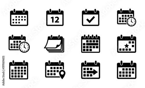 Minimalist calendar icon set, 12 black vector schedule symbols, professional business planning and time management elements for web and app design