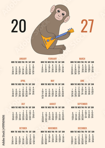 2027 vertical Calendar layout. Vector illustration of 2027 Calendar with Punch monkey and balalaika. EPS 10