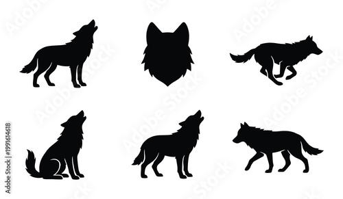 Schilderij op canvas Black wolf silhouette collection, 6 wild animal vector icons, howling and runnin