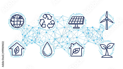 Eco-Friendly Illustration: A connected network of symbols representing the core elements of environmental conservation and sustainable living, featuring a globe, recycling, solar panel, wind turbine.